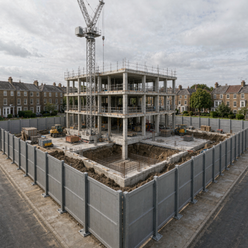 Construction site perimeter hoarding installation