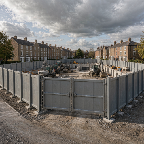 Construction site entrance hoarding installation