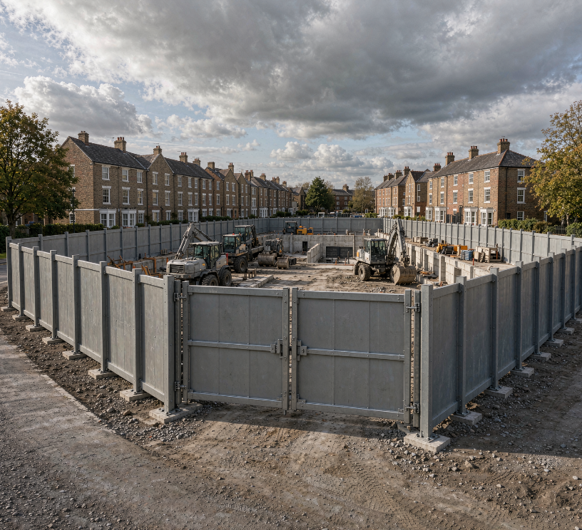 Construction site entrance hoarding installation